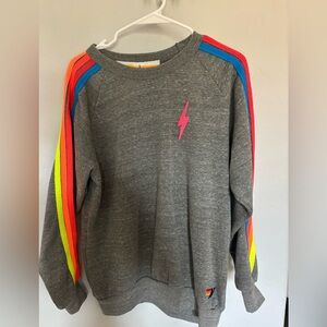 Aviator Nation Gray and Pink Crewneck Sweater with Vibrant Stripes